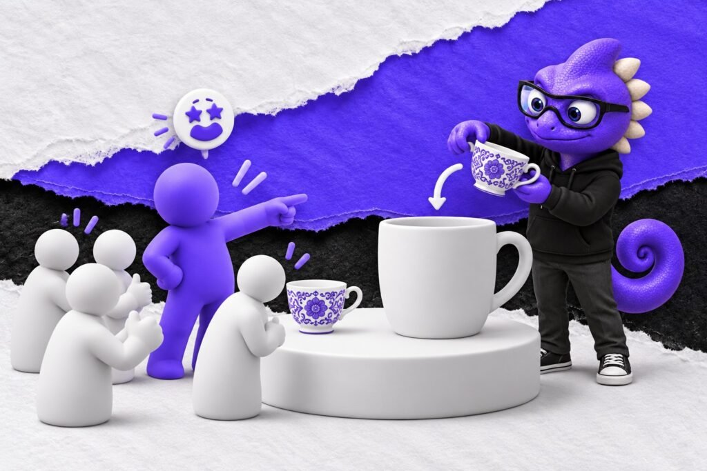 Falácia da conjunção: ilustração com o Marc e bonequinhos de argila — small ornate cup nested inside big plain cup