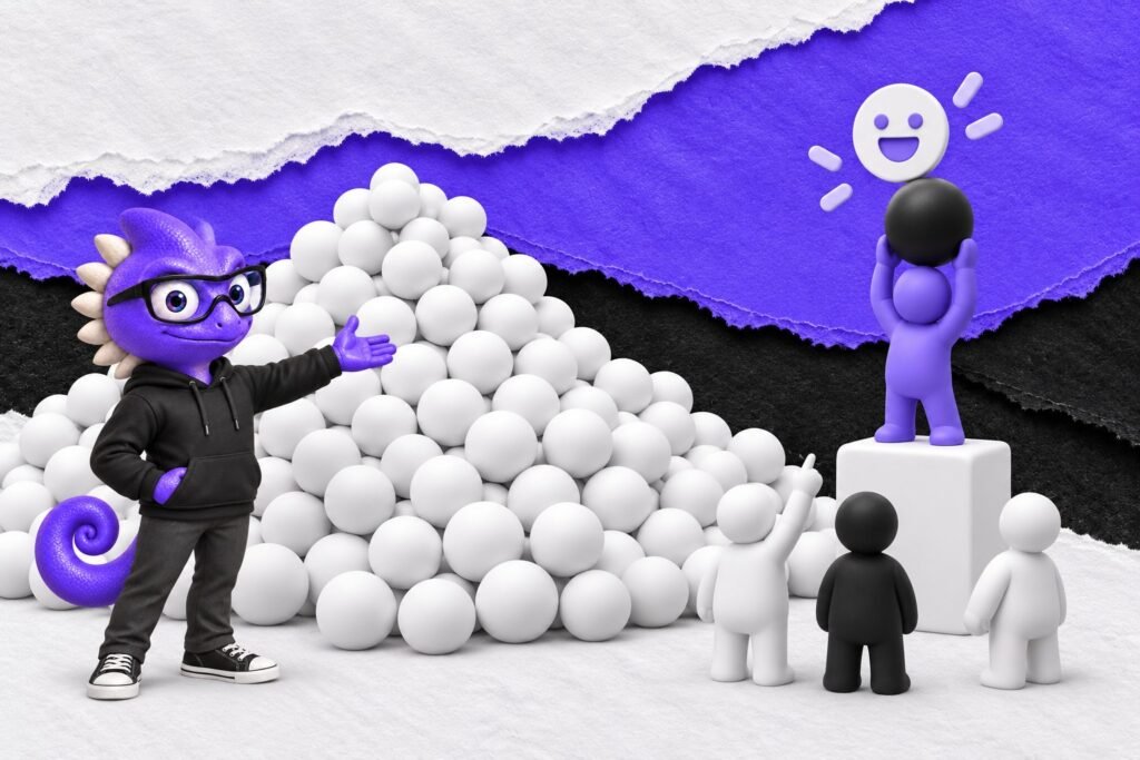 Falácia da evidência anedótica: ilustração com o Marc e bonequinhos de argila — one black ball held high above a huge pile of white balls