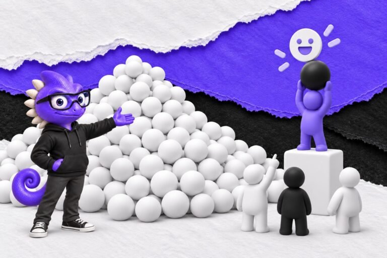 Falácia da evidência anedótica: ilustração com o Marc e bonequinhos de argila — one black ball held high above a huge pile of white balls