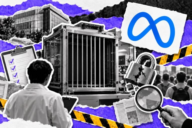 Colagem: cursor de IA escapa por uma brecha na grade de um laboratório; fita amarela de alerta e logo da Meta.