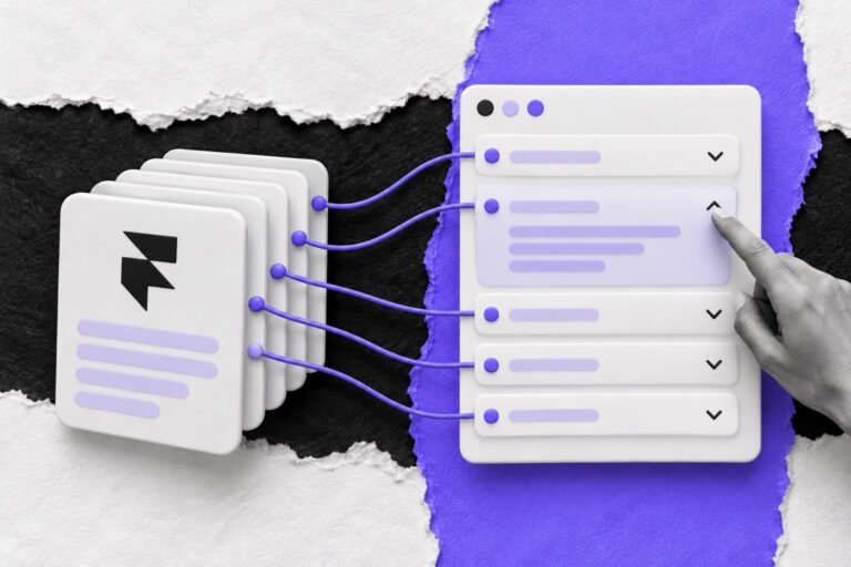 Colagem: pilha de cartões de coleção com o logo do Framer ligada por fios violeta às linhas de um acordeão na página.