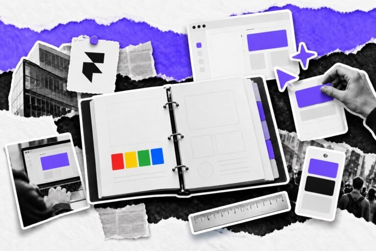 Colagem: manual de marca aberto guia uma janela de design com o logo do Framer, montada por um cursor de IA.