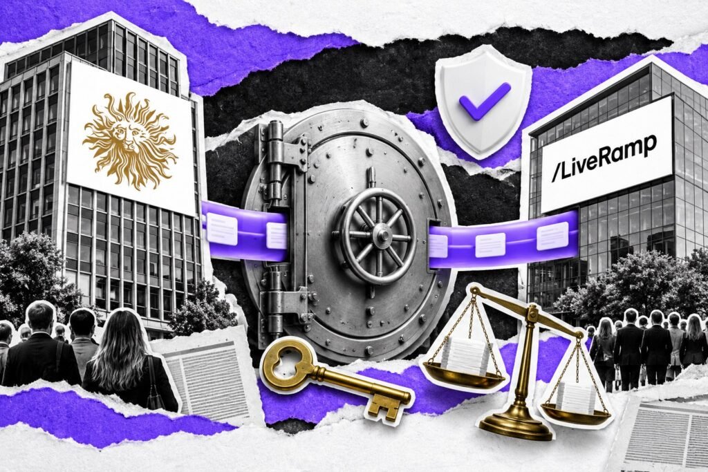 Colagem: porta de cofre entre dois prédios com os logos da Publicis e da LiveRamp, ligados por um canal de dados, com escudo, balança e chave dourada.