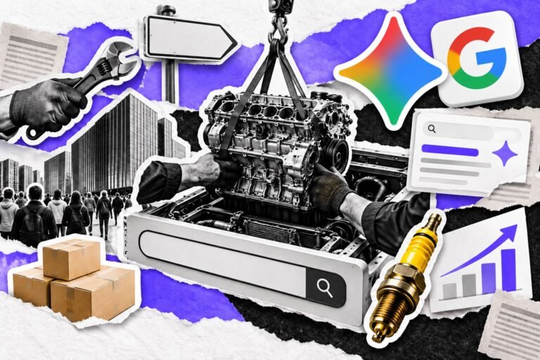 Colagem: motor trocado dentro de uma máquina de busca; mão de mecânico, vela amarela e logo do Gemini.