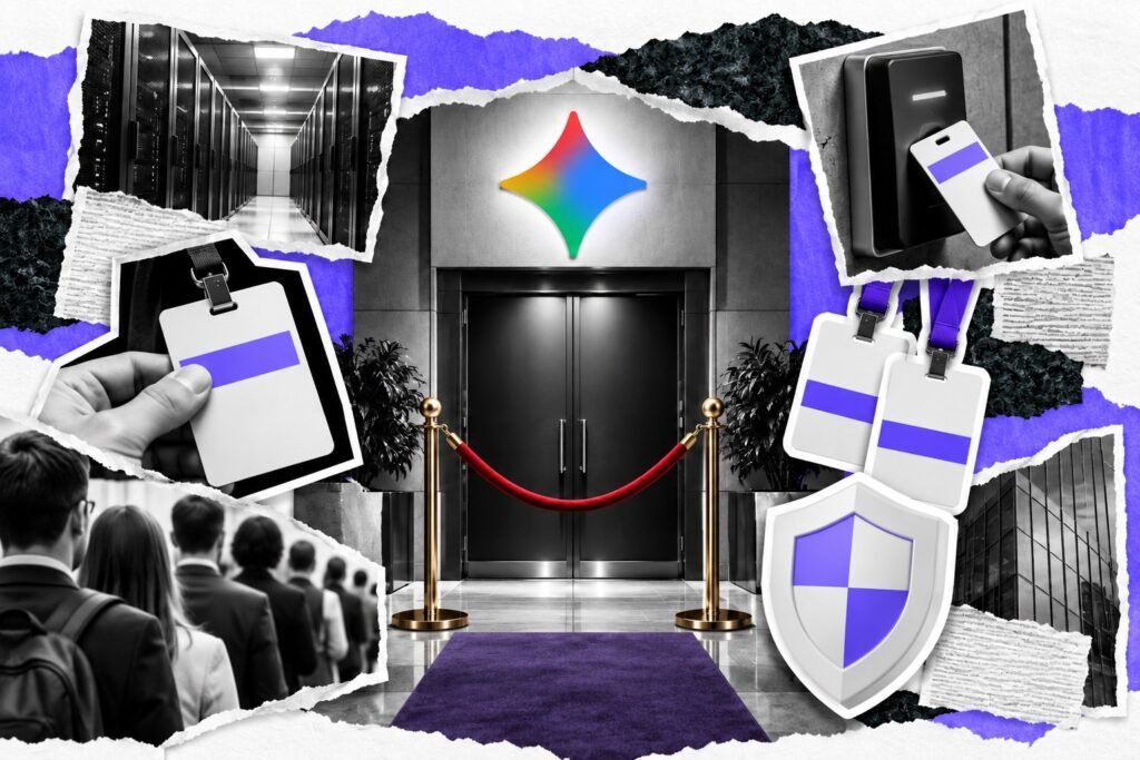 Colagem: cordão de isolamento diante de uma porta com o logo do Gemini; crachás de acesso e fila de pessoas.