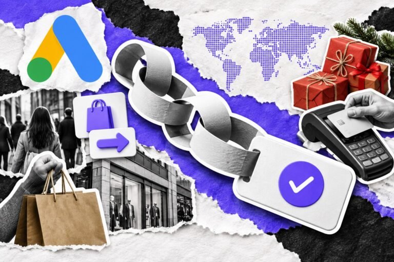 Colagem: corrente de links termina num cartão de checkout; mapa de pontos, presentes vermelhos e logo do Google Ads.