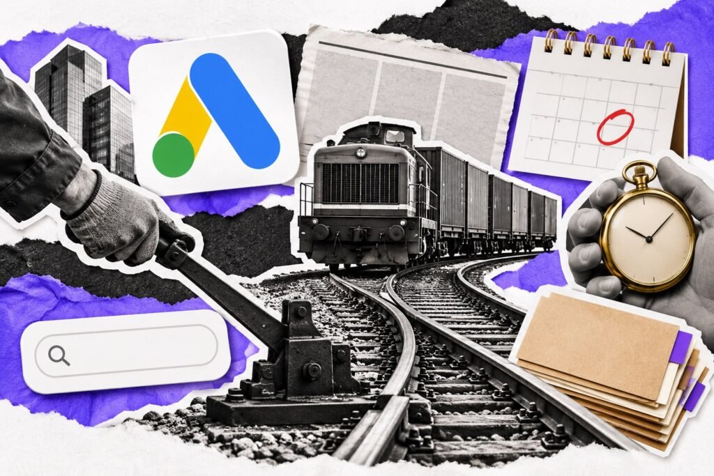 Colagem: alavanca de agulha ferroviária desviando um trem, calendário com dia circulado, relógio de bolso e cartão com o logo do Google Ads.