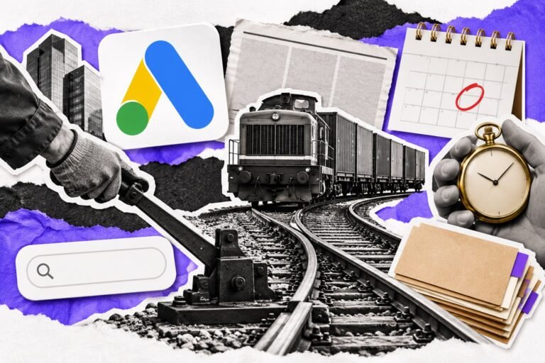 Colagem: alavanca de agulha ferroviária desviando um trem, calendário com dia circulado, relógio de bolso e cartão com o logo do Google Ads.