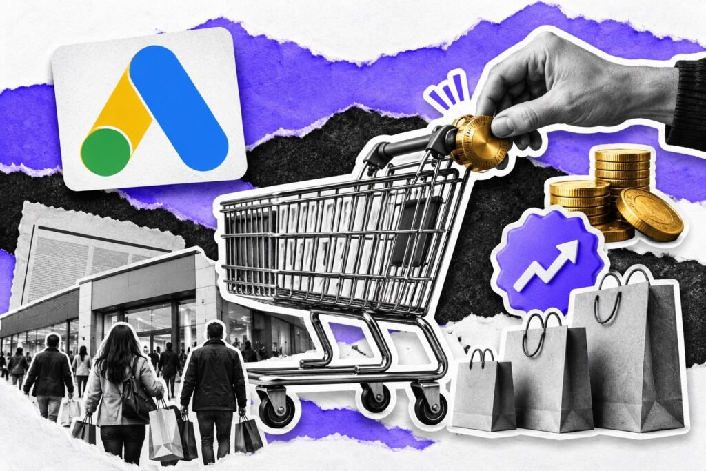 Colagem: carrinho de compras com botão de latão, sacolas de tamanhos crescentes, clientes voltando à loja e cartão com o logo do Google Ads.