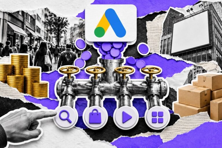 Colagem: canos com registros de latão levam verba a quatro canais; painel com o logo do Google Ads e mão girando um registro.