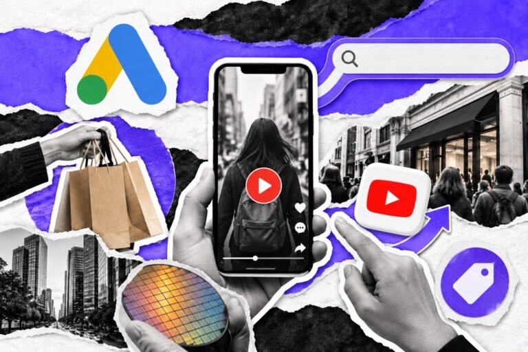 Colagem: vídeo vertical ligado por ponte violeta a uma barra de busca; botão vermelho e logo do Google Ads.