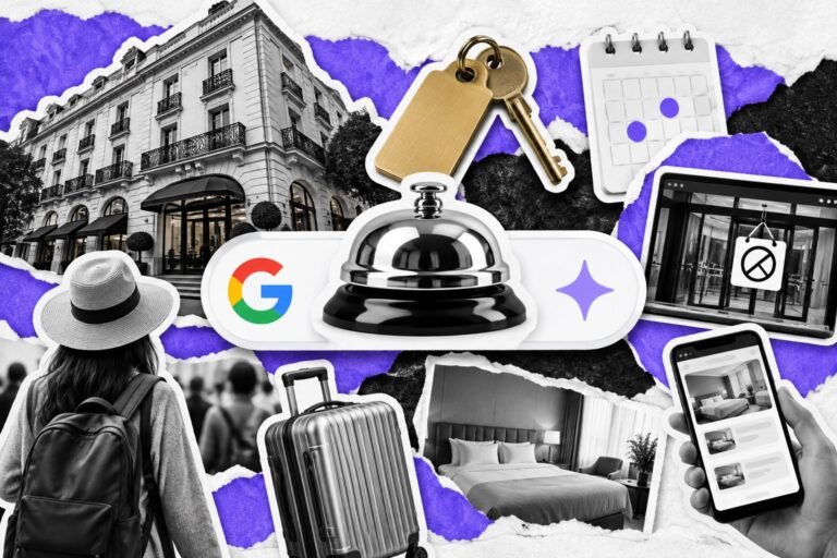 Colagem: sino de recepção de hotel dentro de uma barra de busca com o logo do Google; chave de latão e mala ao lado.