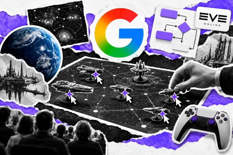 Colagem: tabuleiro de estratégia espacial com naves movidas por cursores de IA, planeta azul e logo do Google.
