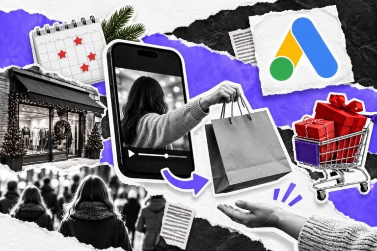 Colagem: escorregador liga um vídeo direto a uma sacola de compras; presentes vermelhos e logo do Google Ads.