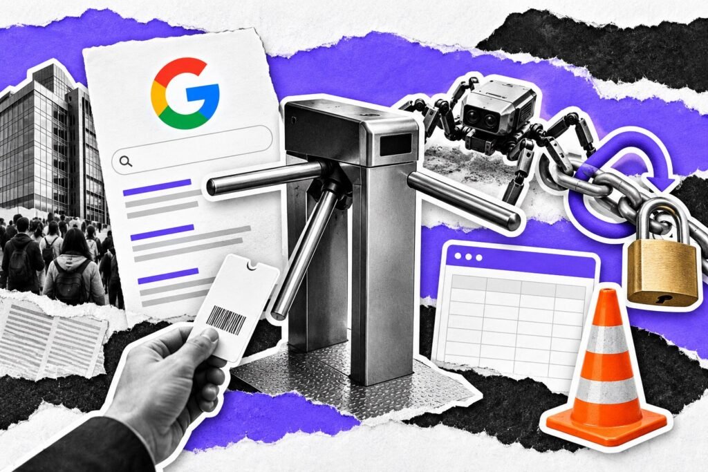 Colagem: catraca entre a página de busca e uma aranha rastreadora; corrente de link com desvio e o logo do Google.