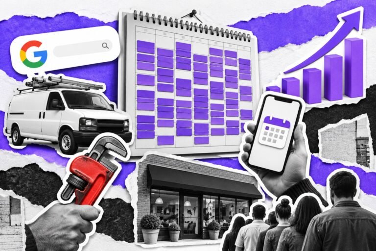 Colagem: agenda de parede lotada de marcações violeta; van de serviço, chave inglesa vermelha e logo do Google.