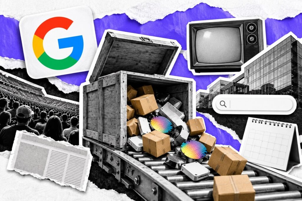 Colagem: caixote aberto numa esteira com televisão, plateia de estádio, calendário e cartão com o logo do Google.