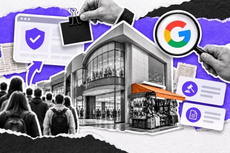 Colagem: fachada de galeria com uma banca intrusa; lupa com o logo do Google encontra o cartão alheio preso a um site.
