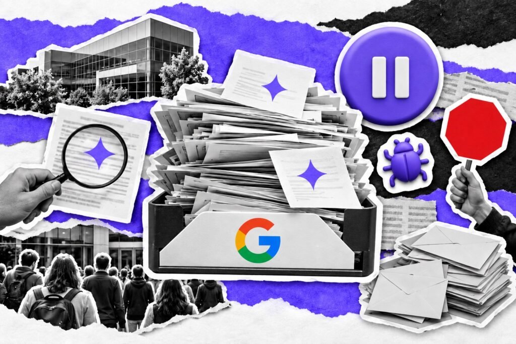 Colagem: bandeja de entrada transbordando de relatórios marcados como IA, com o logo do Google e um botão de pausa violeta.