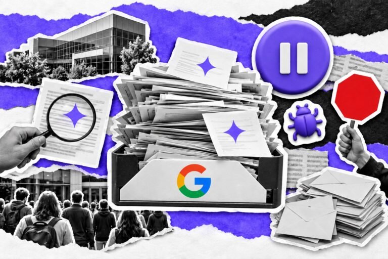 Colagem: bandeja de entrada transbordando de relatórios marcados como IA, com o logo do Google e um botão de pausa violeta.