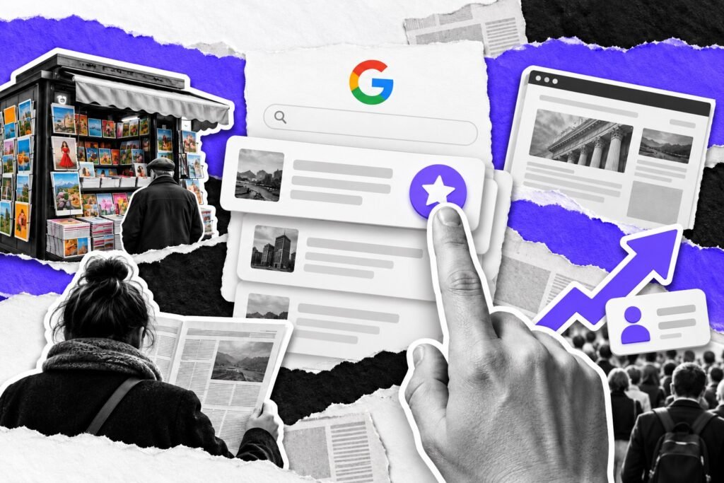 Colagem: dedo aperta botão de estrela e um resultado sobe ao topo da busca do Google; banca de jornal ao fundo.