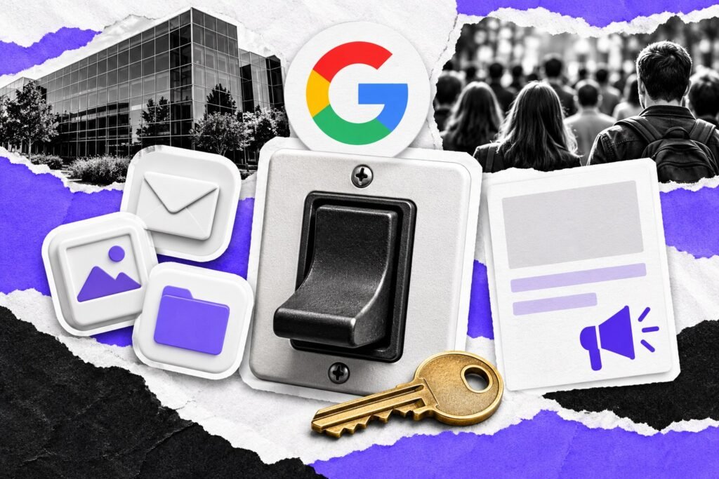 Colagem: interruptor desligado entre ícones de e-mail, fotos e pasta e um cartão de anúncio, com o logo do Google.