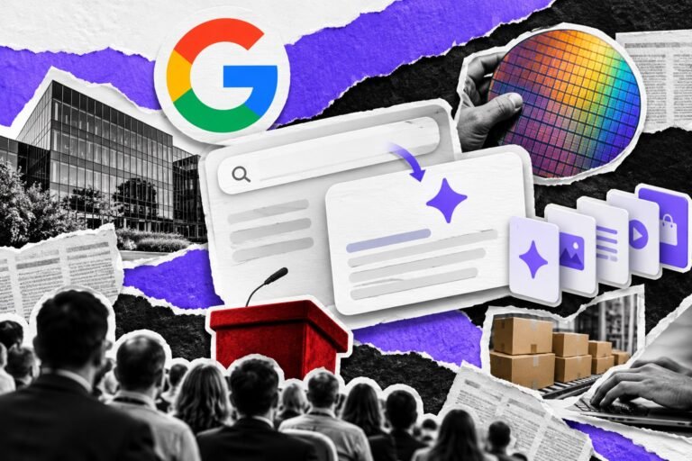 Colagem: barra de busca vira painel de resposta de IA; marcas em fila, palco e logo do Google.