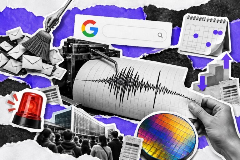 Colagem: sismógrafo continua oscilando depois da marca de fim; vassoura varre envelopes de spam e cartão com o logo do Google.