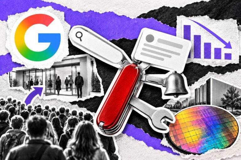 Colagem: canivete suíço vermelho com lâminas de busca, resposta, alerta e ferramenta; logo do Google.