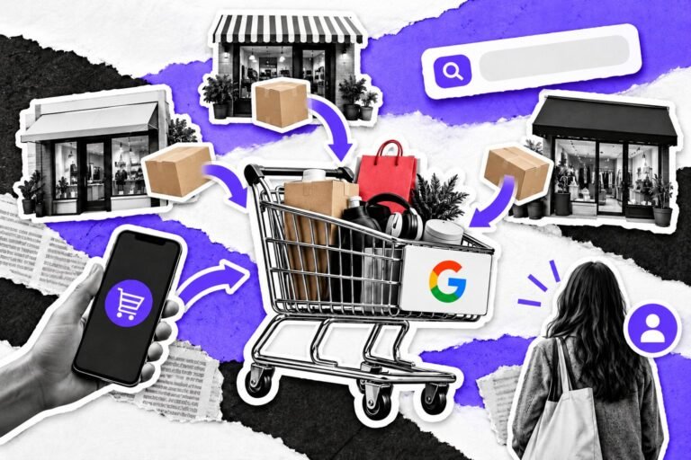 Colagem: carrinho com o logo do Google recebe produtos de três lojas; mão com celular e barra de busca ao redor.