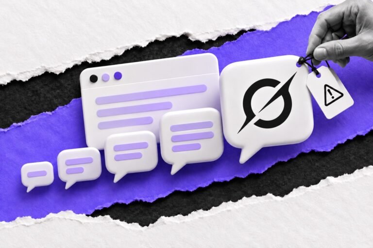 Colagem: balões de chat 3D crescentes, o maior com logo, e mão amarrando etiqueta de alerta antes de adotar