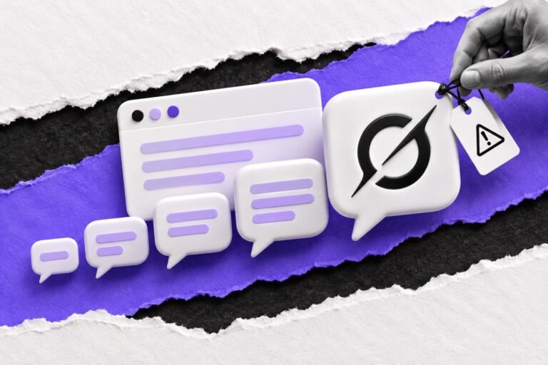 Colagem: balões de chat 3D crescentes, o maior com logo, e mão amarrando etiqueta de alerta antes de adotar