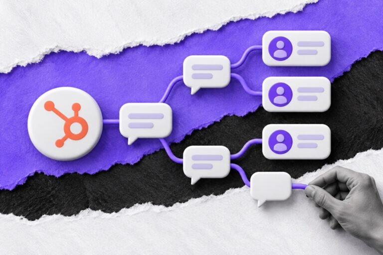 Colagem: árvore de balões de conversa partindo de nó com logo e mão ligando o último ramo