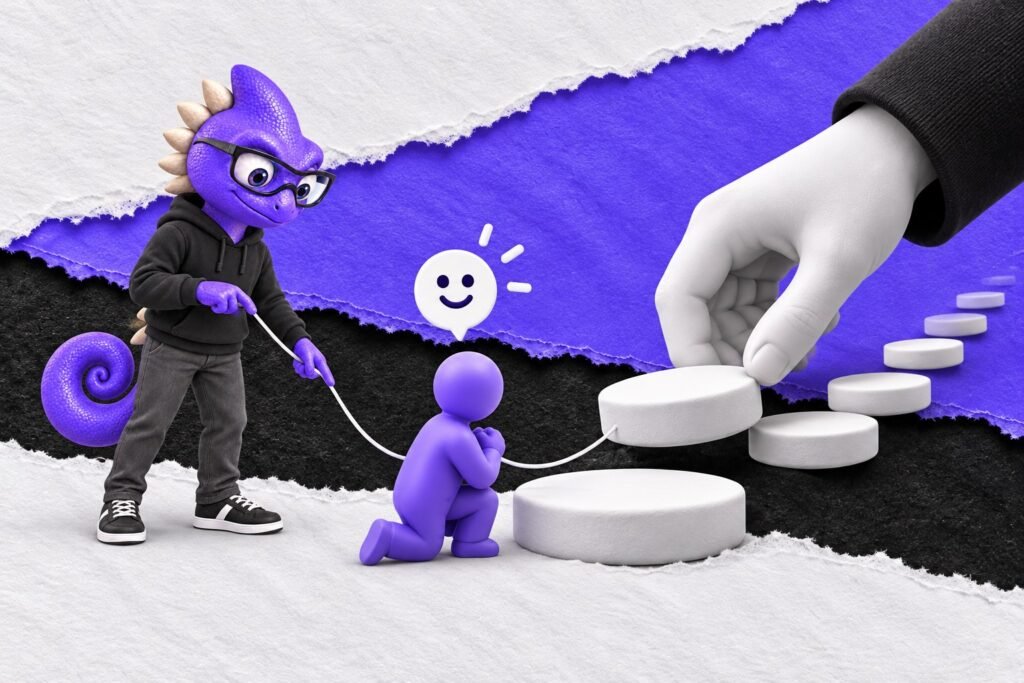 Ilusão de agência externa: ilustração com o Marc e bonequinhos de argila — paper-cut hand above a white stepping stone tied by a thread
