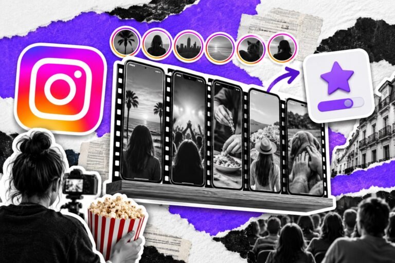 Colagem: episódios de vídeos verticais numa prateleira, cartão de assinatura e pipoca; logo do Instagram.