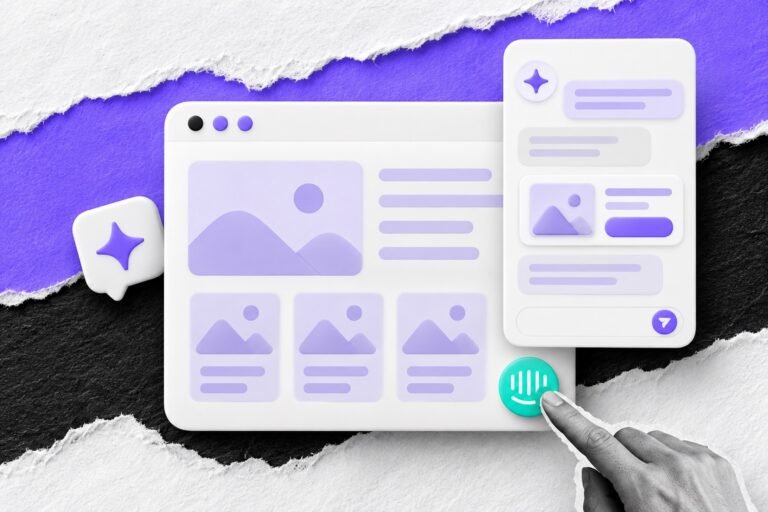Colagem: navegador com botão de chat com logo que abre painel com brilho de IA e cartão de oferta