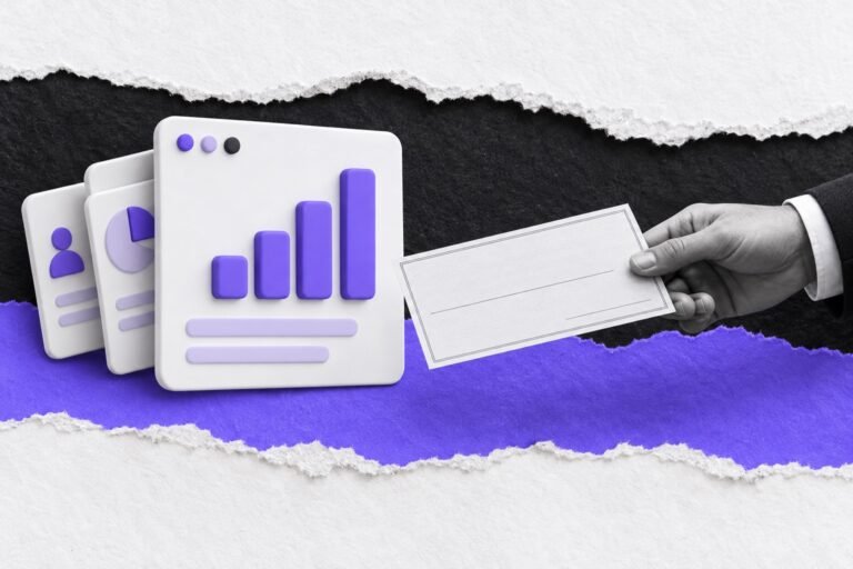 Colagem: cartão de pitch com gráfico ascendente e uma mão estendendo um cheque em branco.