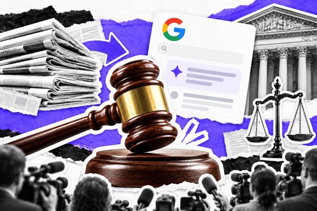 Colagem: martelo de juiz entre jornais e um resumo de IA com o logo do Google; fachada de tribunal ao fundo.