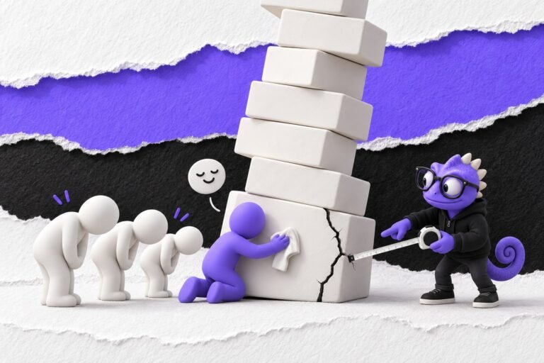 Justificação do sistema: ilustração com o Marc e bonequinhos de argila — tall cracked white block tower
