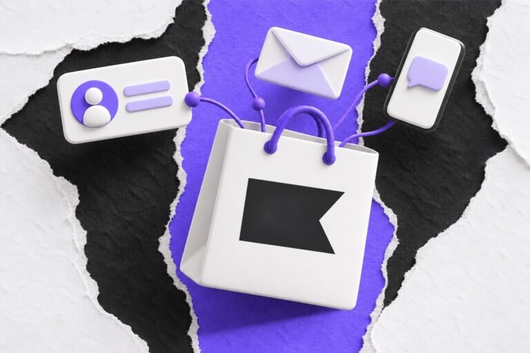 Colagem: sacola com logo do Klaviyo solta e-mail e mensagem, ambos ligados ao perfil do cliente