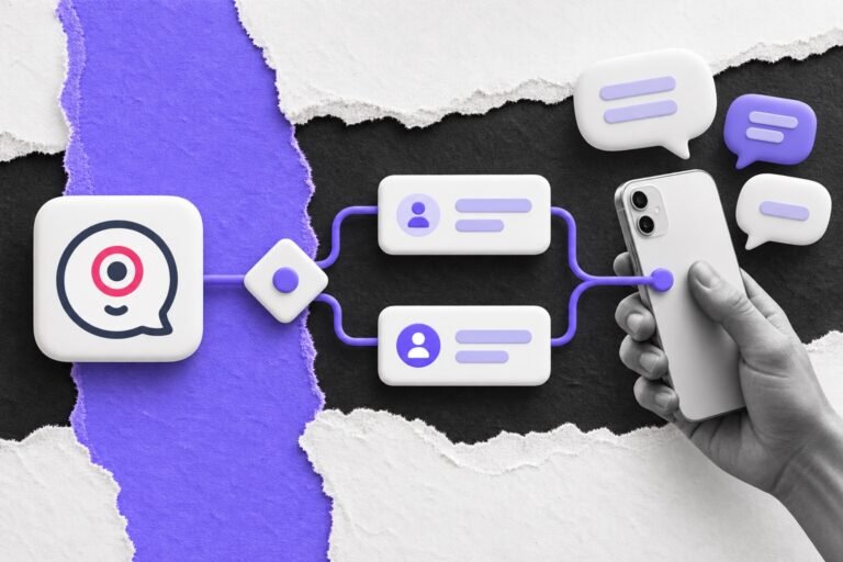 Colagem: fluxo de nós que começa no logo do Landbot e termina num celular de onde sobem balões de conversa