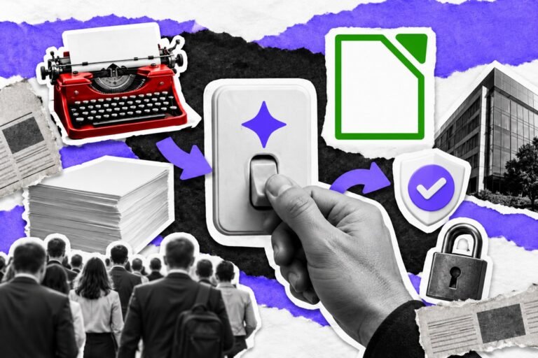 Colagem: mão desliga uma chave de IA ao lado de um documento com o logo do LibreOffice e uma máquina de escrever.