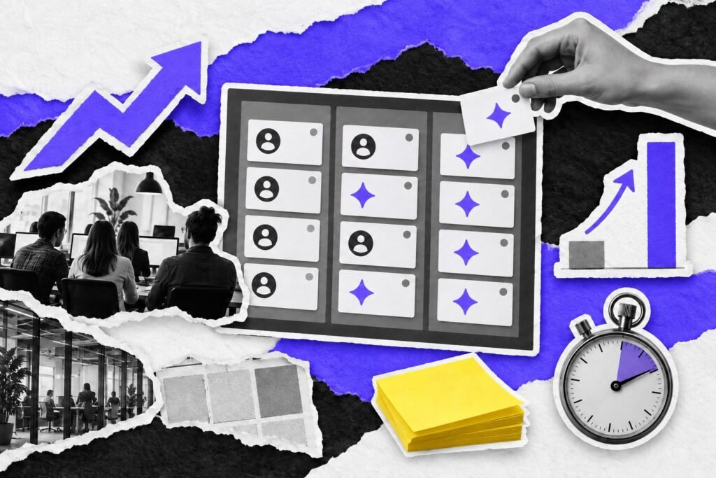 Colagem: quadro de tarefas dividido entre cartões de pessoas e de IA; barra pequena e barra alta comparam o crescimento.