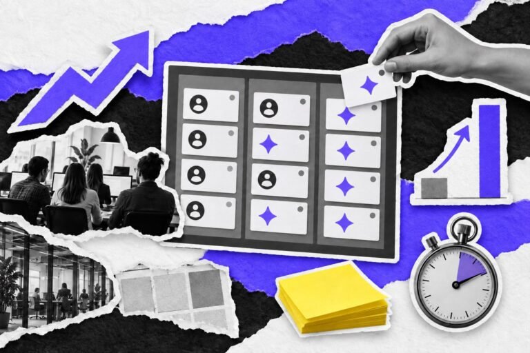 Colagem: quadro de tarefas dividido entre cartões de pessoas e de IA; barra pequena e barra alta comparam o crescimento.