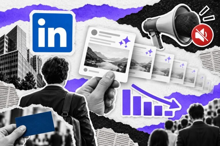 Colagem: posts iguais marcados como IA encolhem no feed; megafone abafado e logo do LinkedIn.