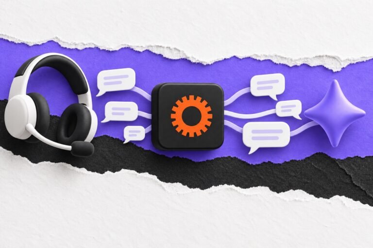 Colagem: balões de conversa passam por chave preta com logo da LivePerson e se dividem entre atendente e IA