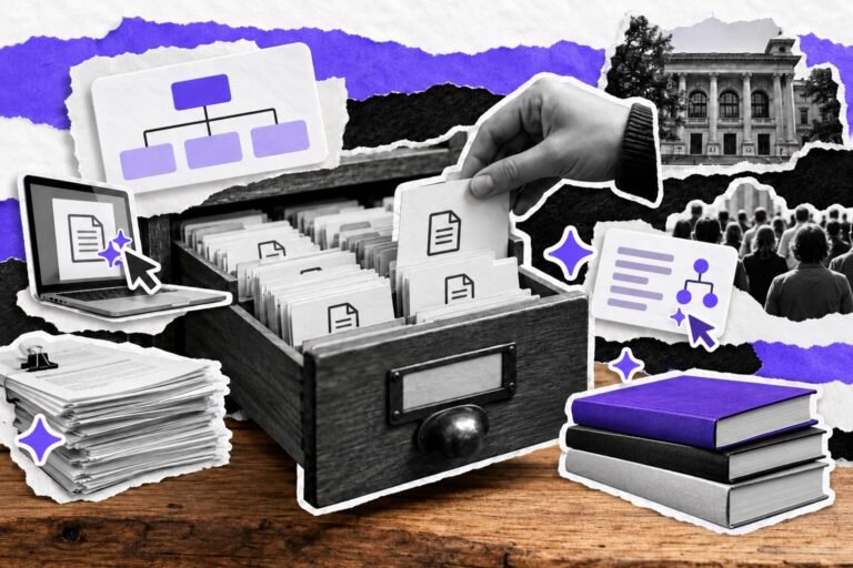 Colagem: gaveta de fichário com cartões de páginas em Markdown lidos por cursores de IA.