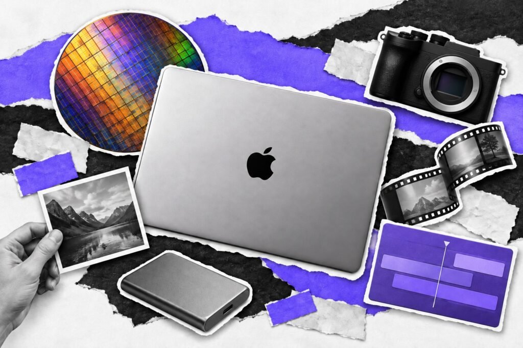 Colagem editorial de notebook Apple fechado, wafer, câmera e materiais de edição de vídeo.
