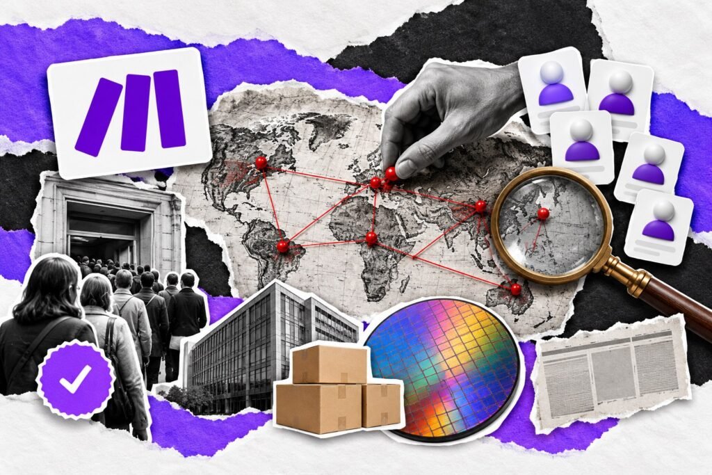 Colagem: mapa de parede com alfinetes e barbantes vermelhos, fila de espera de pessoas de costas e cartão com o logo da Make.