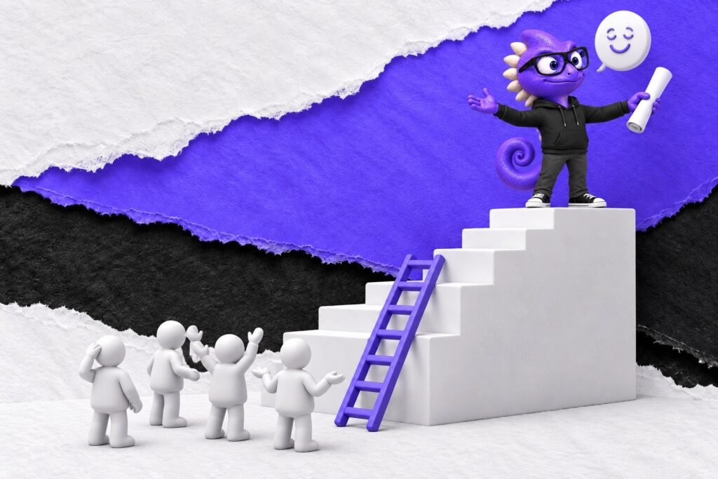 Maldição do conhecimento: ilustração com o Marc e bonequinhos de argila — tall white staircase with blank scroll